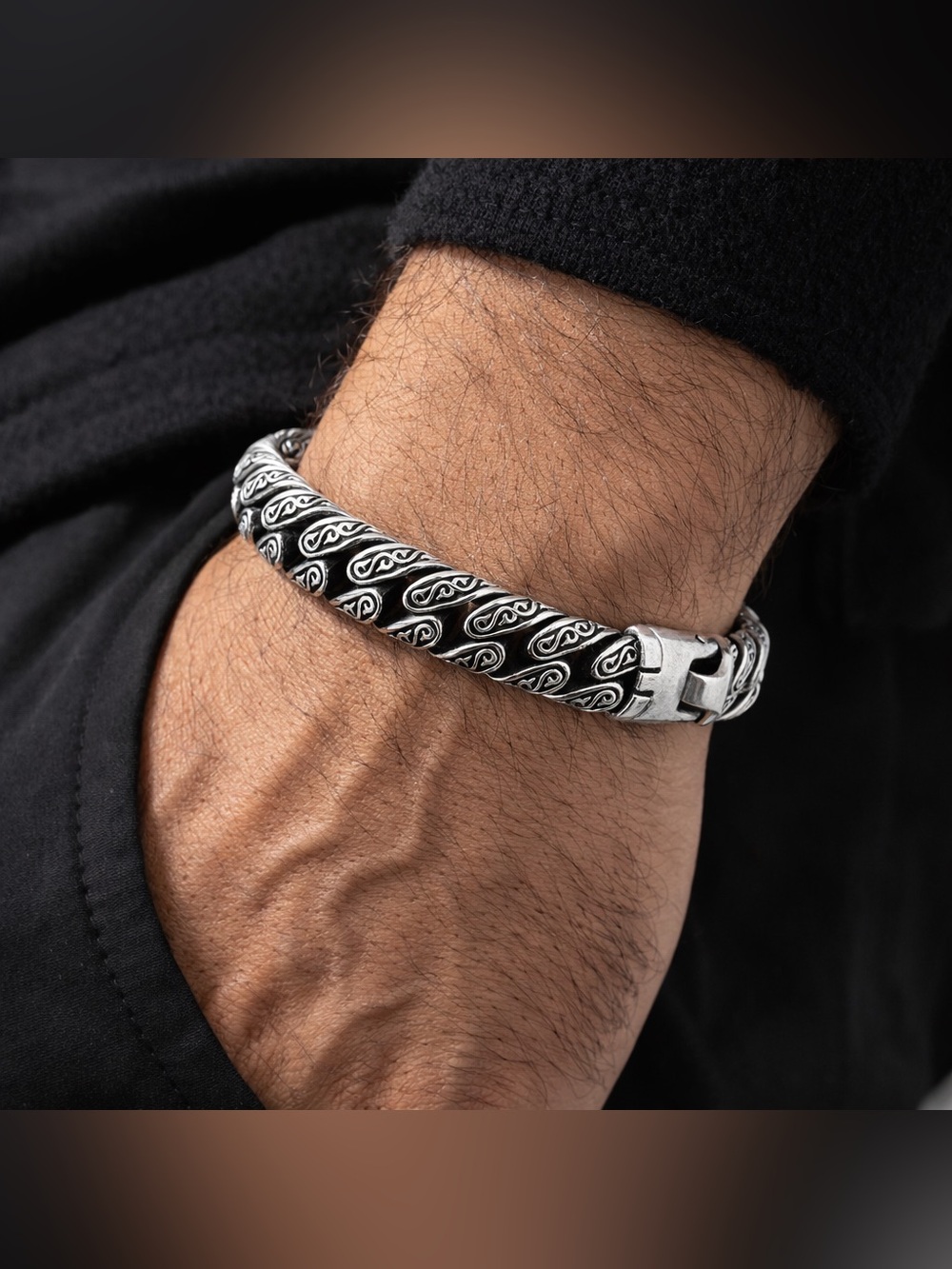 Textured Stainless Steel Tone Men's Chain Bracelet